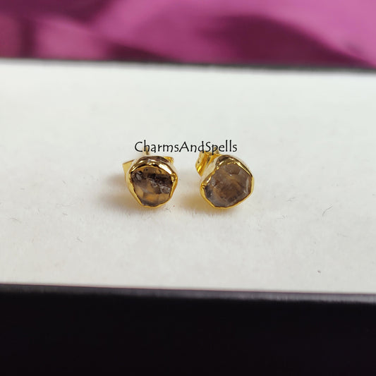 Raw Herkimer Diamond Stud Earrings | Tiny Rough Crystal Earrings April Birthstone