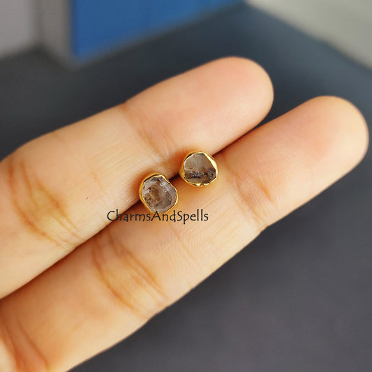 Raw Herkimer Diamond Stud Earrings | Tiny Rough Crystal Earrings April Birthstone