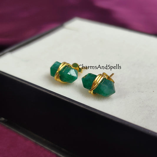 Emerald Pencil Point Stud Earrings | Green Gemstone May Birthstone