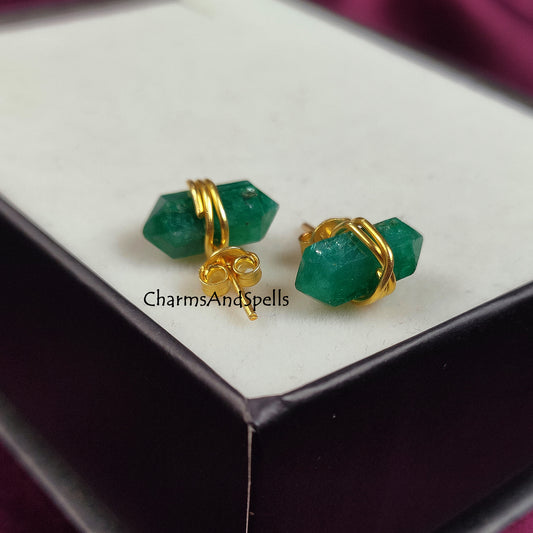 Emerald Pencil Point Stud Earrings | Green Gemstone May Birthstone