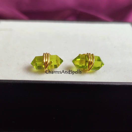 Green Amethyst Pencil Point Stud Earrings | Wire Wrap Gemstone