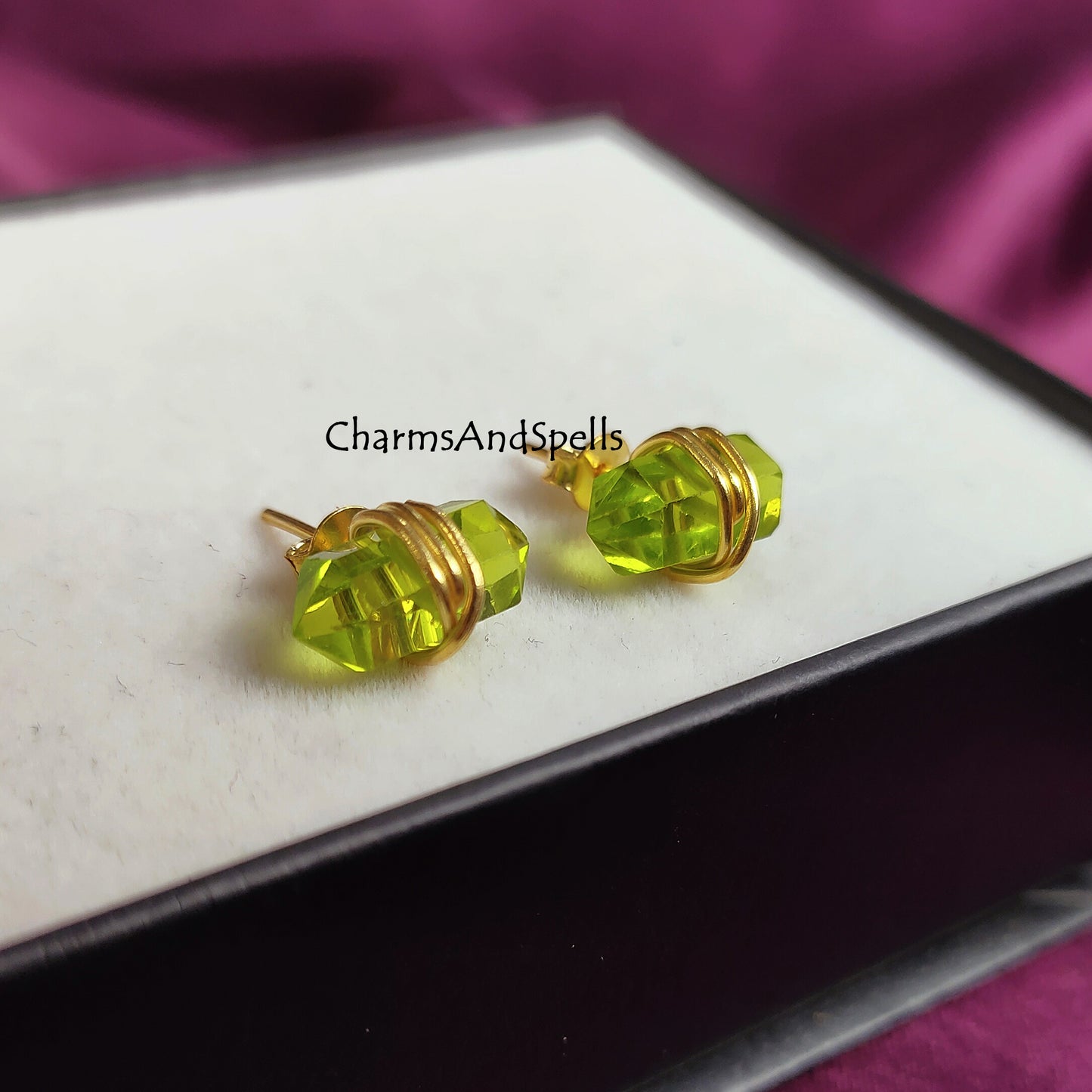 Green Amethyst Pencil Point Stud Earrings | Wire Wrap Gemstone