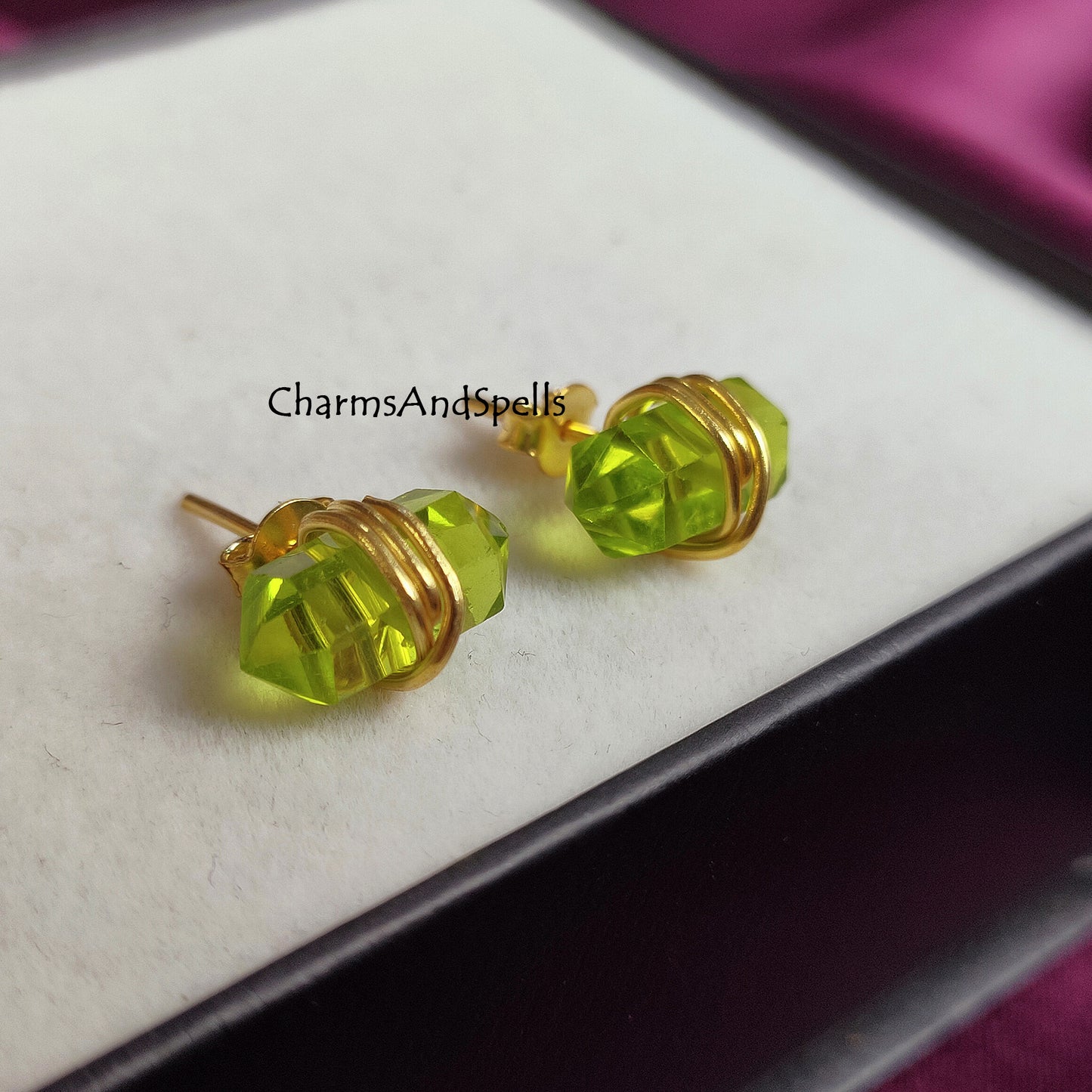 Green Amethyst Pencil Point Stud Earrings | Wire Wrap Gemstone