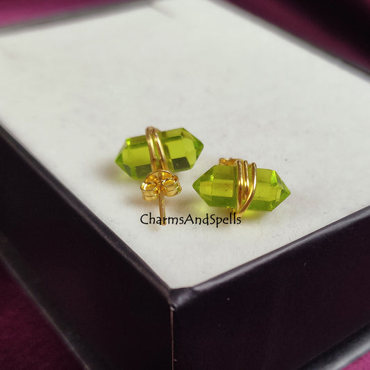 Green Amethyst Pencil Point Stud Earrings | Wire Wrap Gemstone