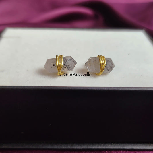 Black Rutile Pencil Point Stud Earrings | Ethnic Gemstone Black Stone