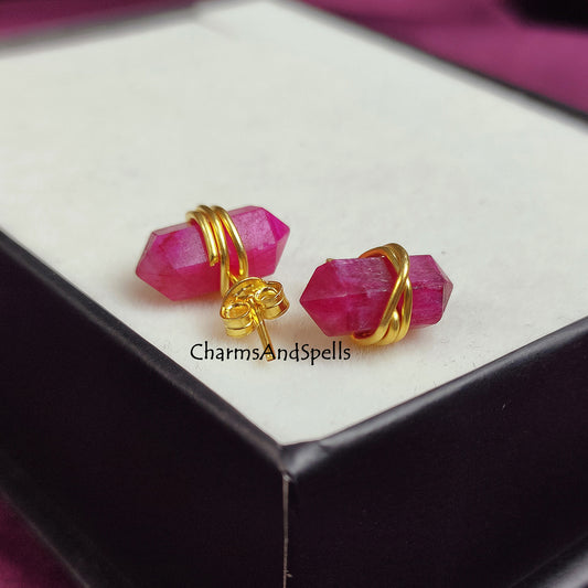 Ruby Double Point Pencil Stud Earrings | July Birthstone Pink Dainty