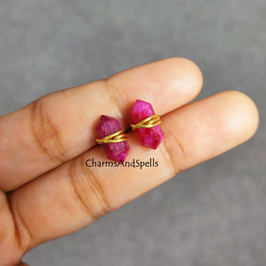 Ruby Double Point Pencil Stud Earrings | July Birthstone Pink Dainty