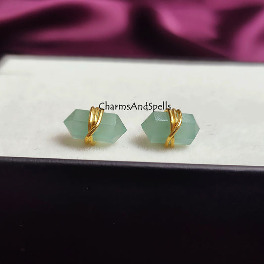 Aqua Chalcedony Pencil Point Stud Earrings | Minimalist Boho Wire Wrap Gemstone