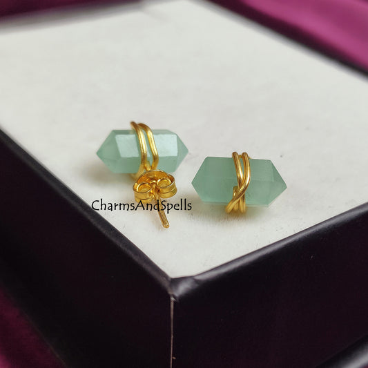 Aqua Chalcedony Pencil Point Stud Earrings | Minimalist Boho Wire Wrap Gemstone
