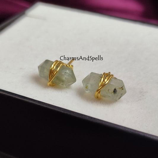 Prehnite Pencil Point Stud Earrings | Green Gemstone Healing Jewelry