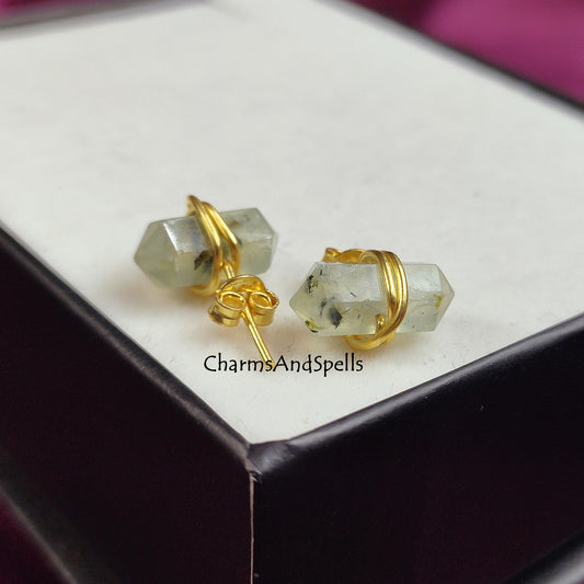 Prehnite Pencil Point Stud Earrings | Green Gemstone Healing Jewelry