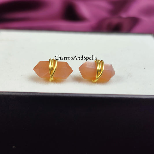 Peach Moonstone Pencil Point Stud Earrings | Minimalist Wire Wrap Gemstone