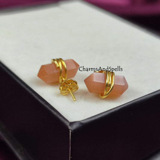 Peach Moonstone Pencil Point Stud Earrings | Minimalist Wire Wrap Gemstone