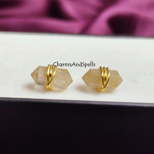 Golden Rutile Pencil Point Stud Earrings | Wire Wrap Fashion Jewelry