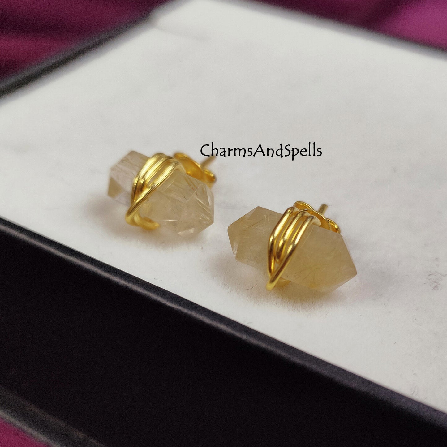 Golden Rutile Pencil Point Stud Earrings | Wire Wrap Fashion Jewelry