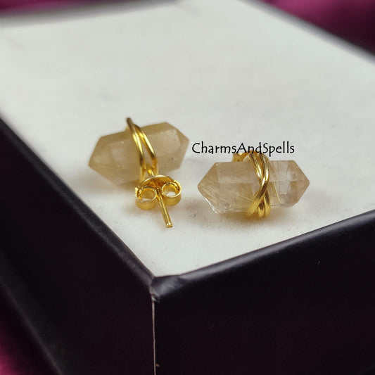 Golden Rutile Pencil Point Stud Earrings | Wire Wrap Fashion Jewelry