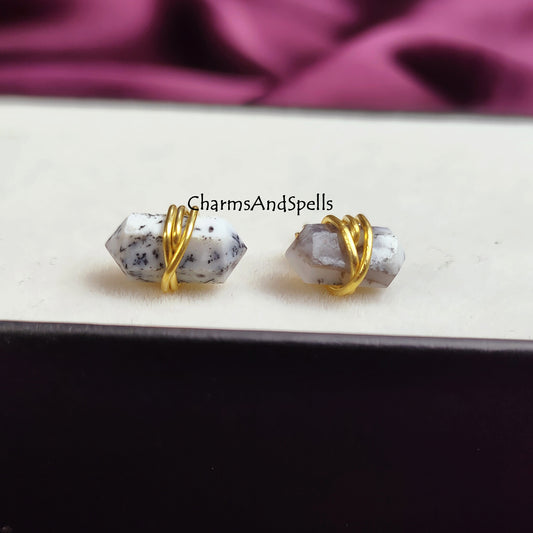 Dendrite Opal Pencil Point Stud Earrings | Minimalist White Gemstone Earrings