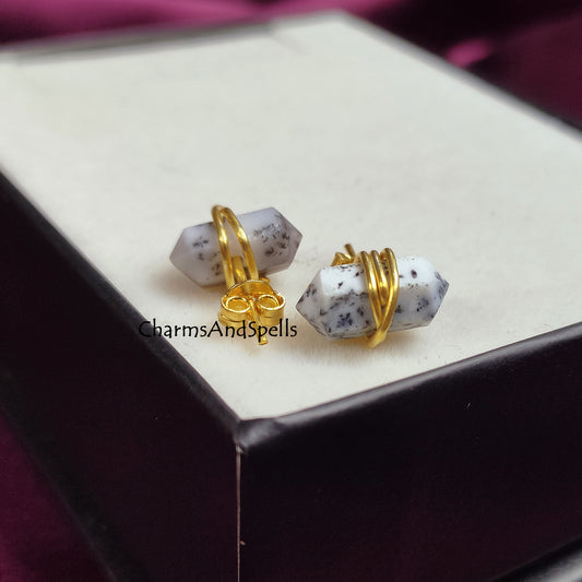 Dendrite Opal Pencil Point Stud Earrings | Minimalist White Gemstone Earrings