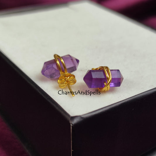 Amethyst Pencil Point Stud Earrings | February Birthstone Boho Minimalist Gemstone