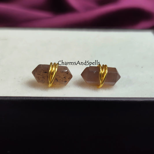 Chocolate Moonstone Stud Earrings | Double Terminated Gemstone Post Dainty