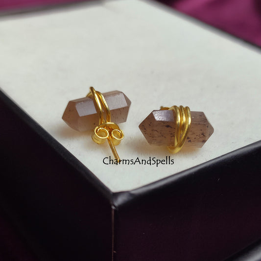 Chocolate Moonstone Stud Earrings | Double Terminated Gemstone Post Dainty