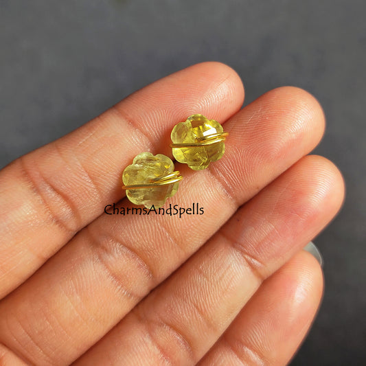 Lemon Quartz Stud Earrings | Dainty Wire Wrap Flower Birthstone Gemstone Jewelry