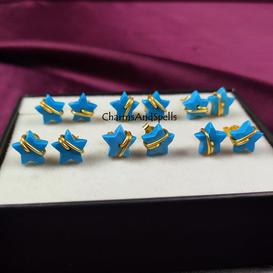 Turquoise Star Stud Earrings | Wire Wrap Blue Gemstone Healing Studs