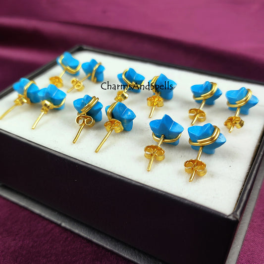 Turquoise Star Stud Earrings | Wire Wrap Blue Gemstone Healing Studs