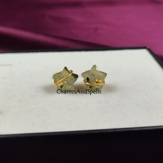 Natural Prehnite Stud Earrings | Wire Wrap Green Gemstone Post Earrings Healing