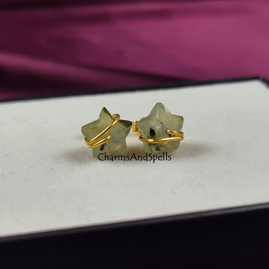 Natural Prehnite Stud Earrings | Wire Wrap Green Gemstone Post Earrings Healing
