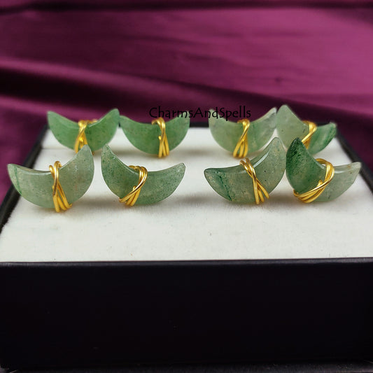Green Aventurine Moon Stud Earrings | Wire Wrapped Crescent Healing Gemstone