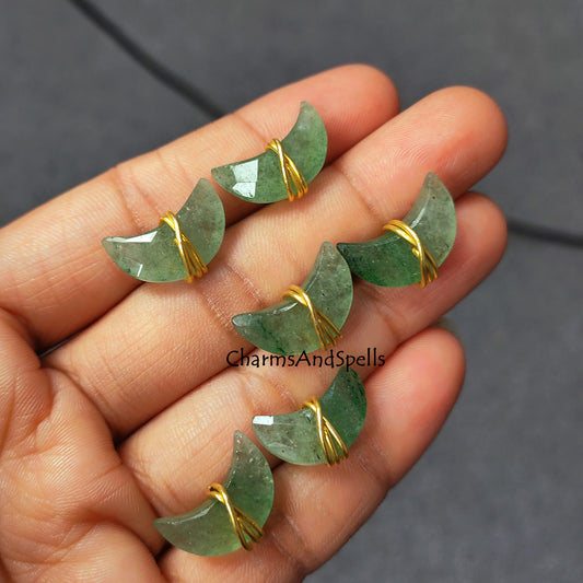 Green Aventurine Moon Stud Earrings | Wire Wrapped Crescent Healing Gemstone