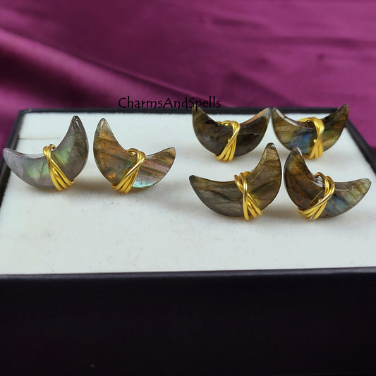 Labradorite Moon Stud Earrings | Genuine Gemstone Post Earrings
