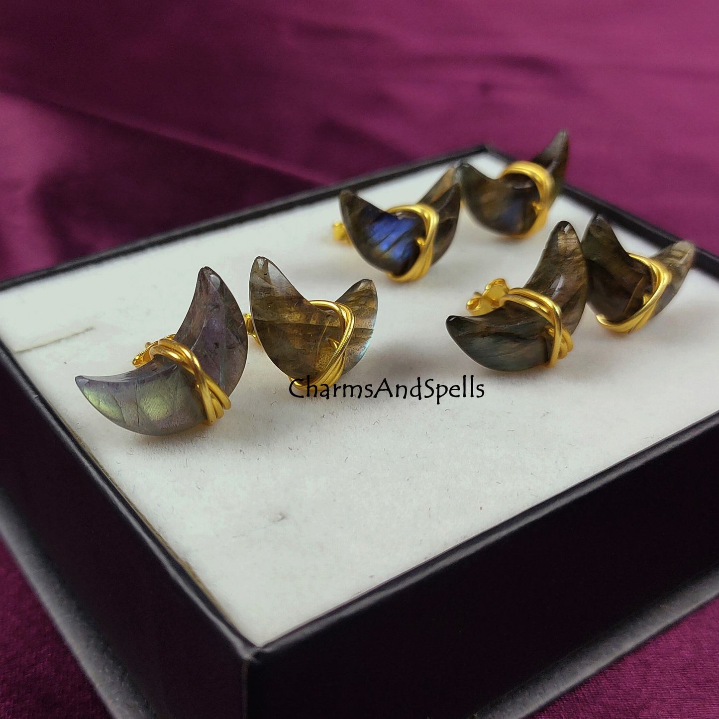 Labradorite Moon Stud Earrings | Genuine Gemstone Post Earrings
