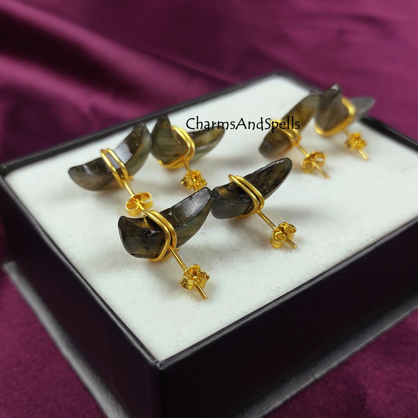 Labradorite Moon Stud Earrings | Genuine Gemstone Post Earrings