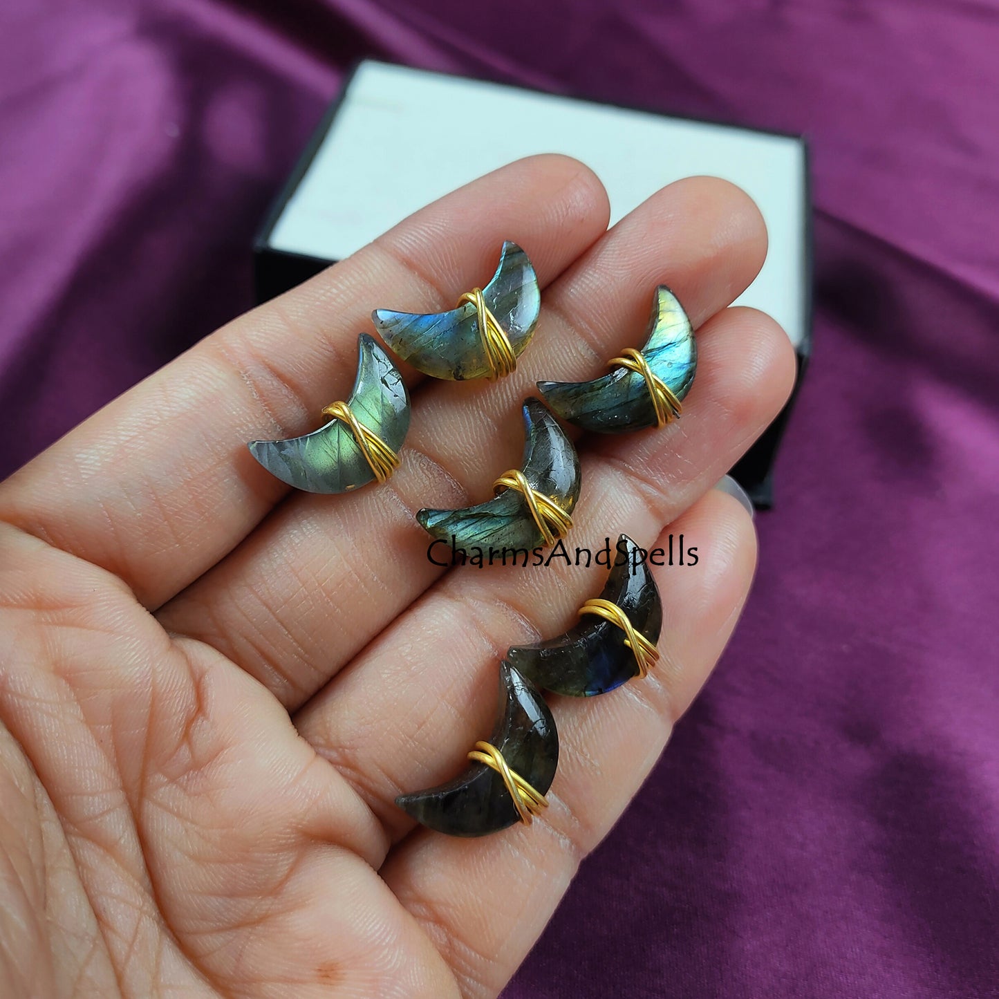 Labradorite Moon Stud Earrings | Genuine Gemstone Post Earrings