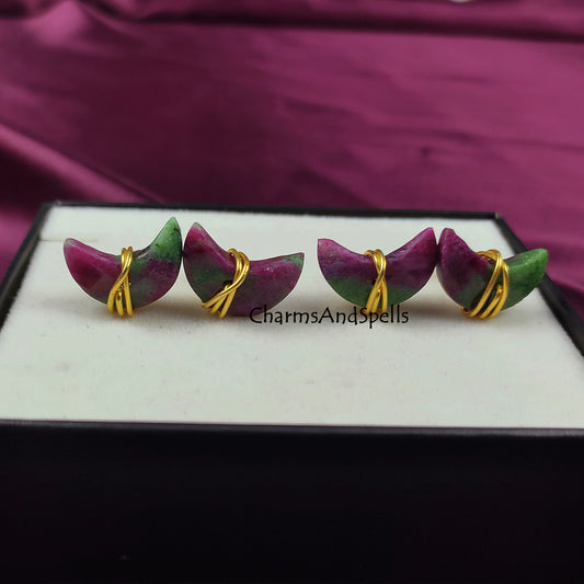 Ruby Zoisite Moon Stud Earrings | Wire Wrap Healing Gemstone Studs