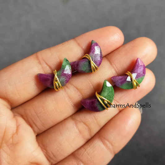 Ruby Zoisite Moon Stud Earrings | Wire Wrap Healing Gemstone Studs