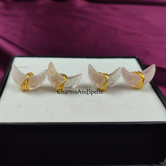 Rose Quartz Moon Stud Earrings | Crescent Shape Heart Chakra Stone
