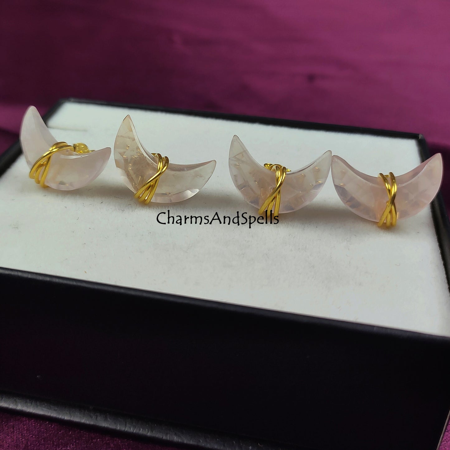 Rose Quartz Moon Stud Earrings | Crescent Shape Heart Chakra Stone