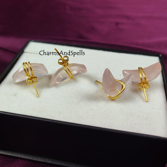 Rose Quartz Moon Stud Earrings | Crescent Shape Heart Chakra Stone