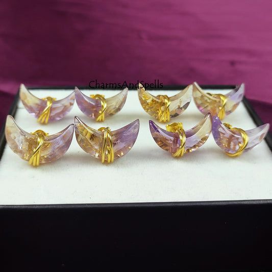 Natural Ametrine Moon Stud Earrings | 14K Gold Plated Healing Crystal