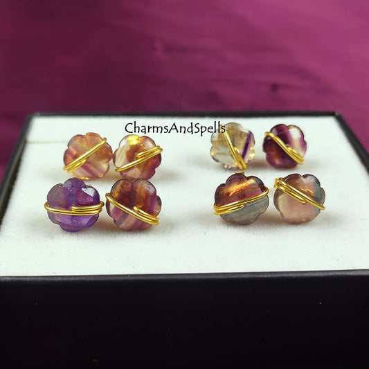 Fluorite Flower Stud Earrings | Natural Rainbow Gemstone