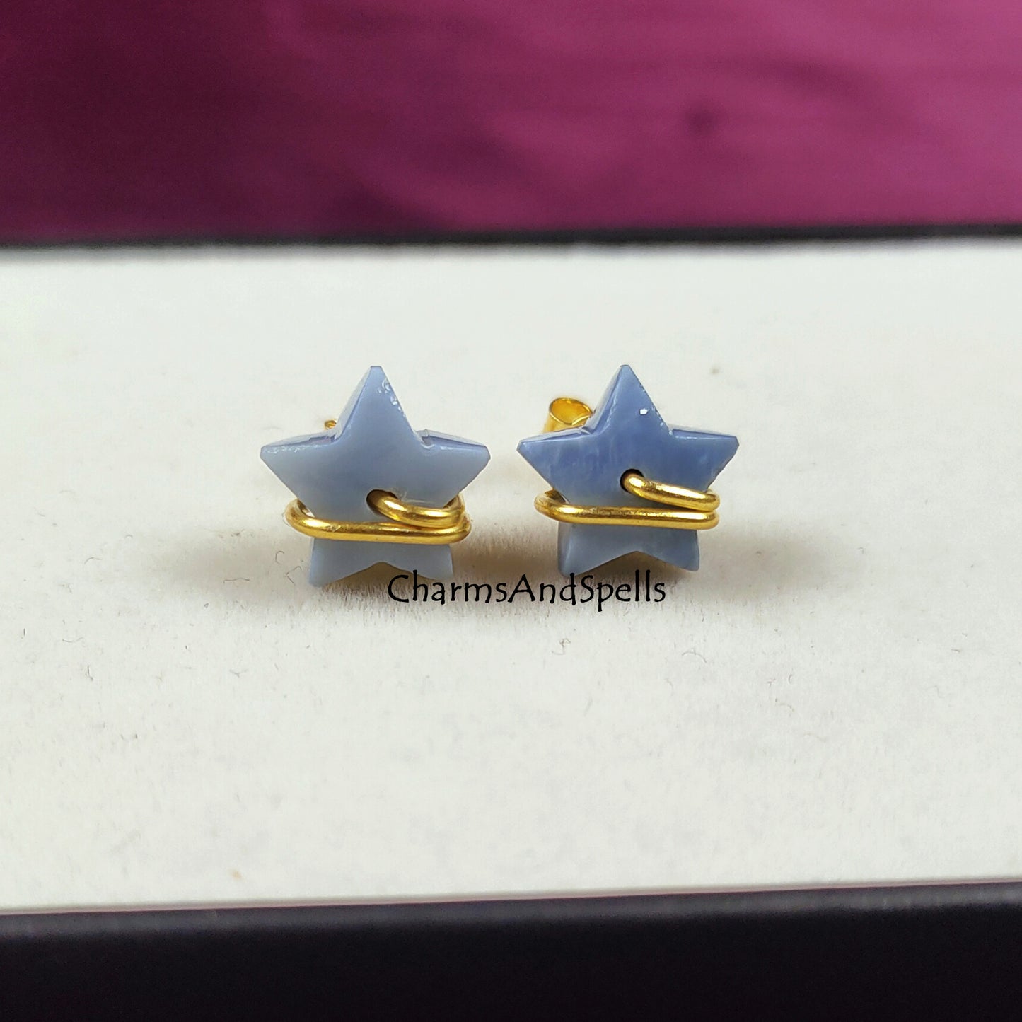 Blue Opal Star Stud Earrings | Dainty Wire Wrap Blue Stone Studs