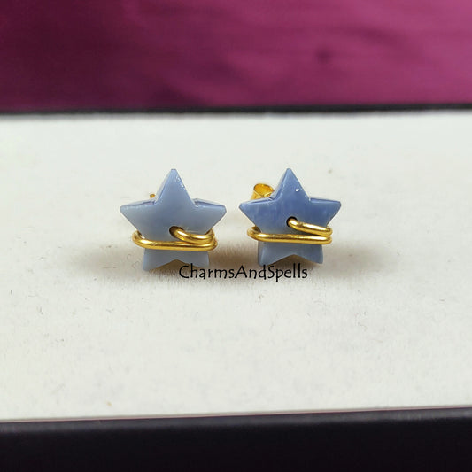 Blue Opal Star Stud Earrings | Dainty Wire Wrap Blue Stone Studs