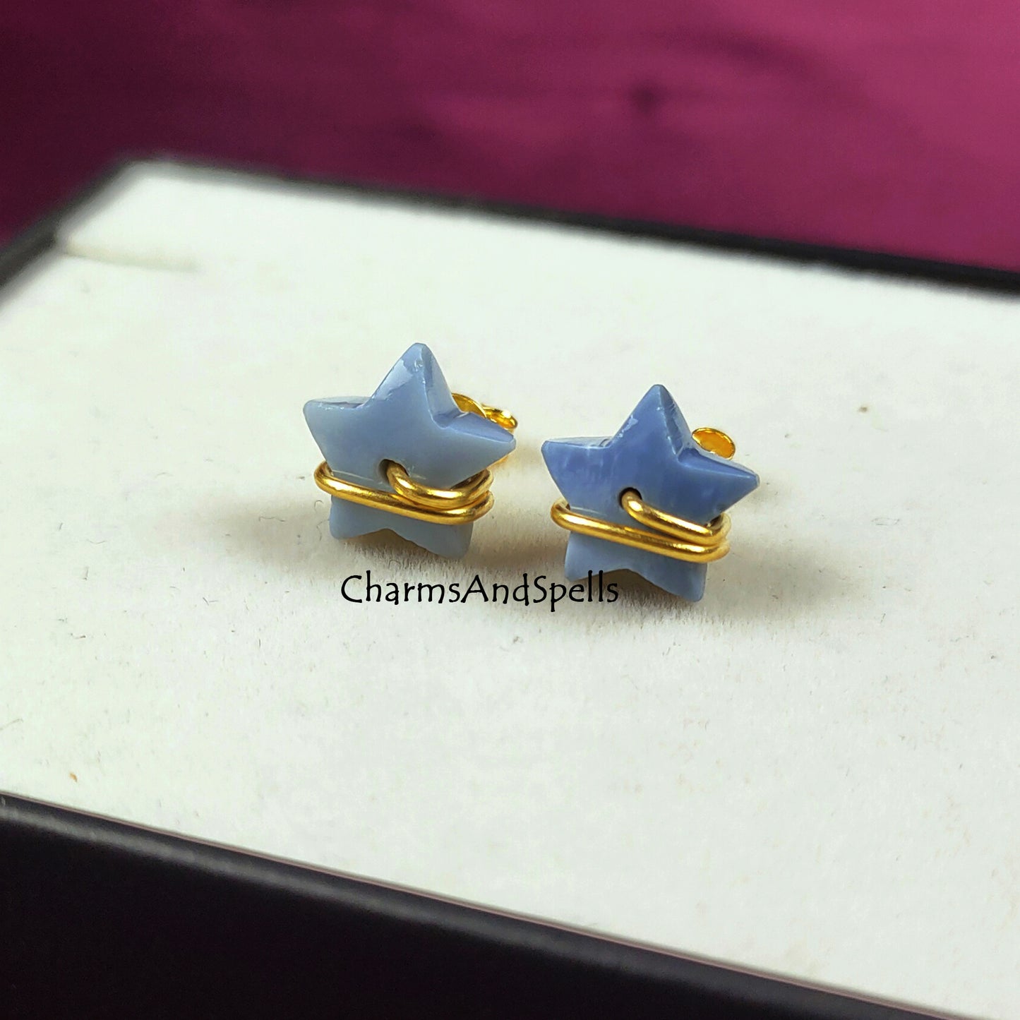 Blue Opal Star Stud Earrings | Dainty Wire Wrap Blue Stone Studs