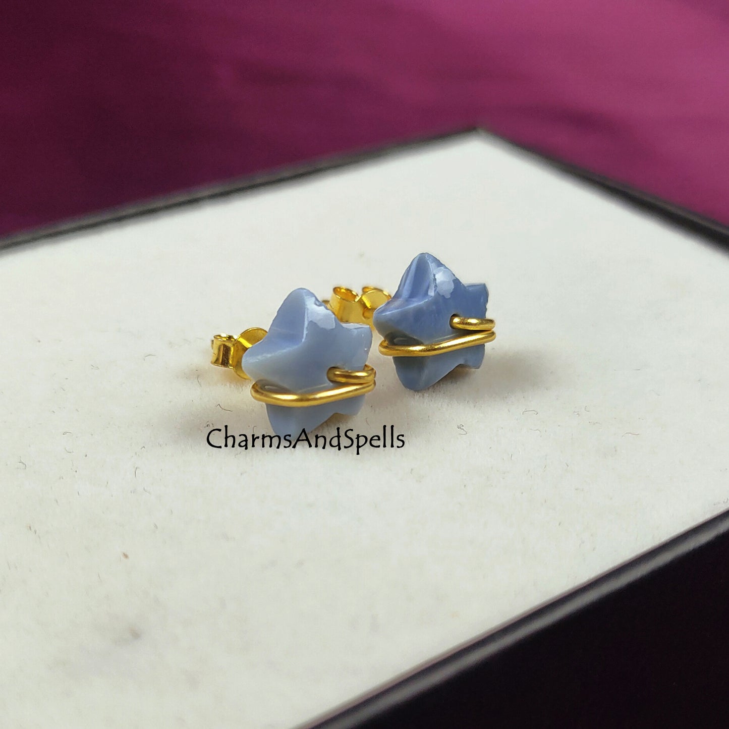 Blue Opal Star Stud Earrings | Dainty Wire Wrap Blue Stone Studs