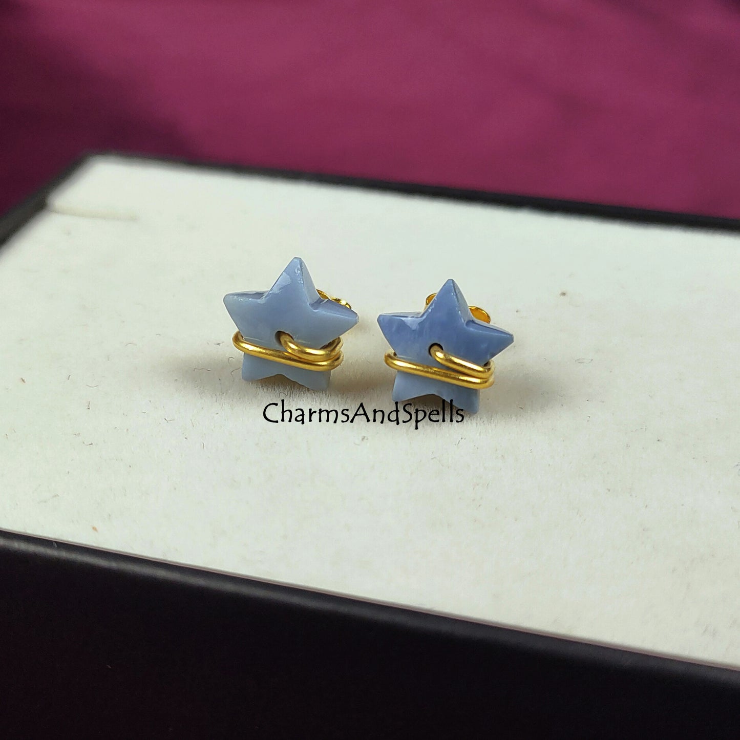 Blue Opal Star Stud Earrings | Dainty Wire Wrap Blue Stone Studs