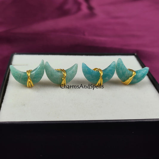 Natural Amazonite Silver Moon Stud Earrings | Green Gemstone Wire Wrap Jewelry
