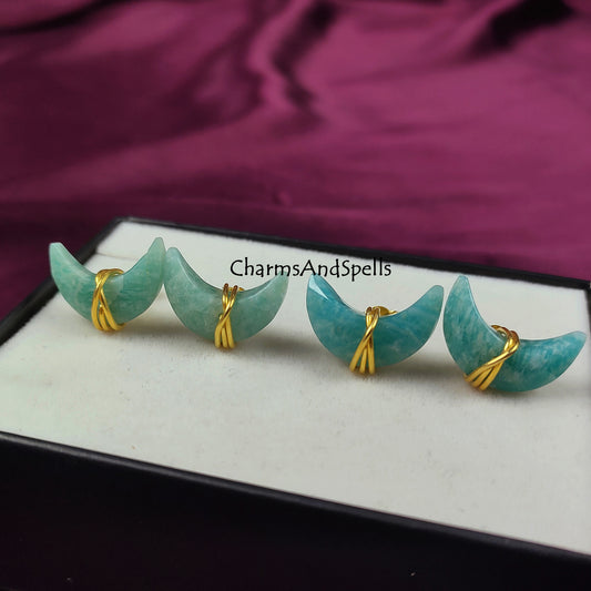 Natural Amazonite Silver Moon Stud Earrings | Green Gemstone Wire Wrap Jewelry